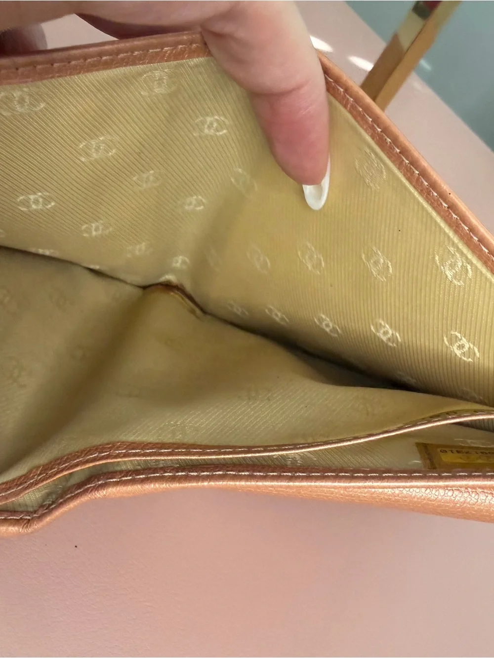 Chanel Vintage Caviar Leather CC Button Bifold Wallet Metallic Pink Salmon Peach